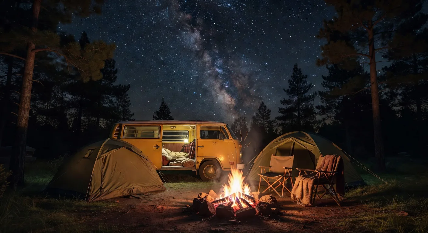 Campervan with campfire and stars overhead in Iceland