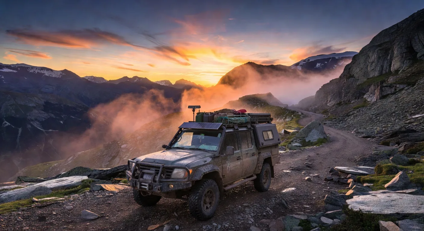 Vehicle at mountain pass at sunrise in Tajikistan