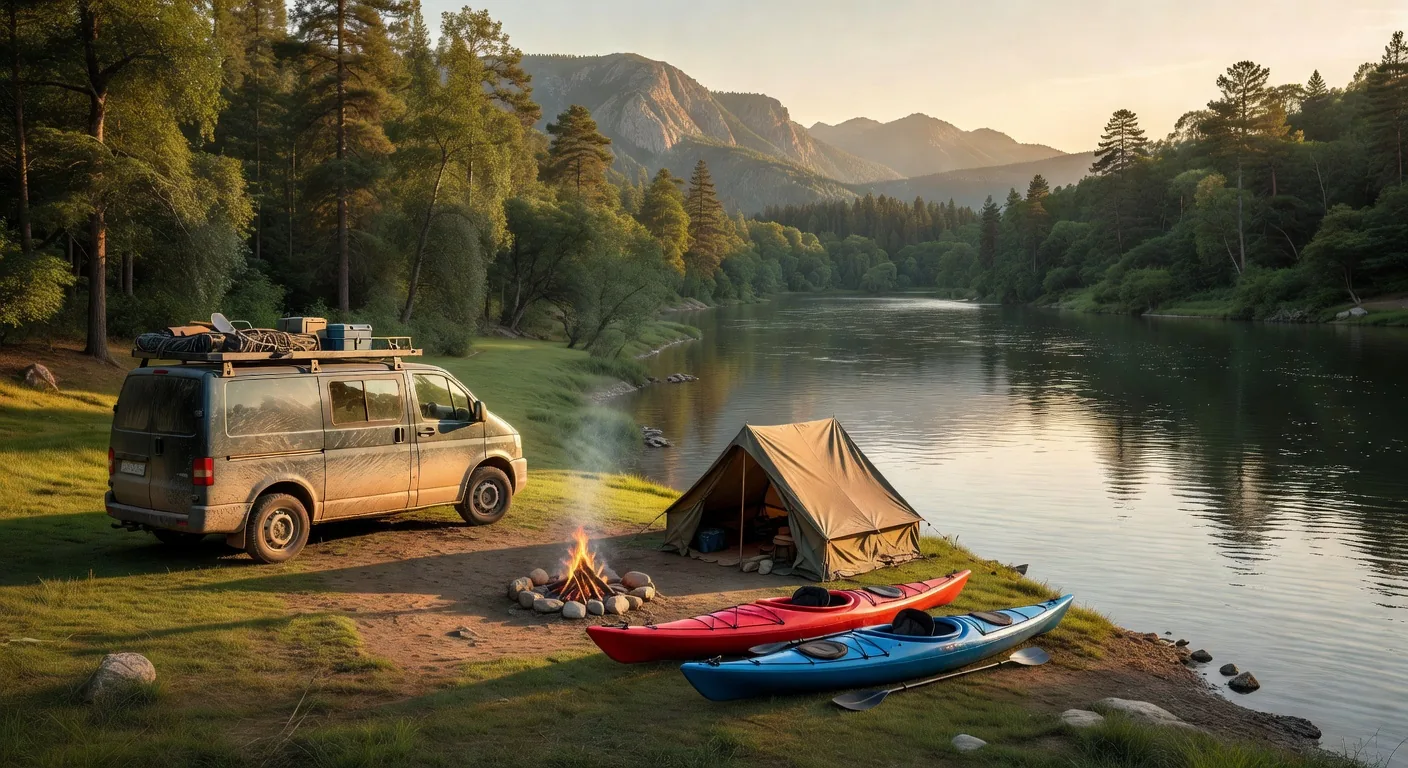 Van parked by river with kayaks, British Columbia morning