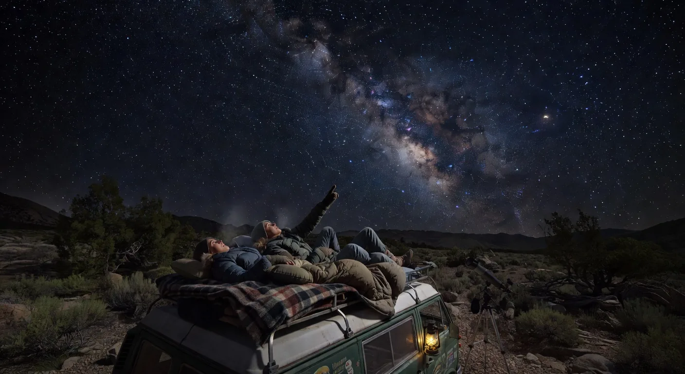 Person stargazing from van roof in Nevada desert, Milky Way visible