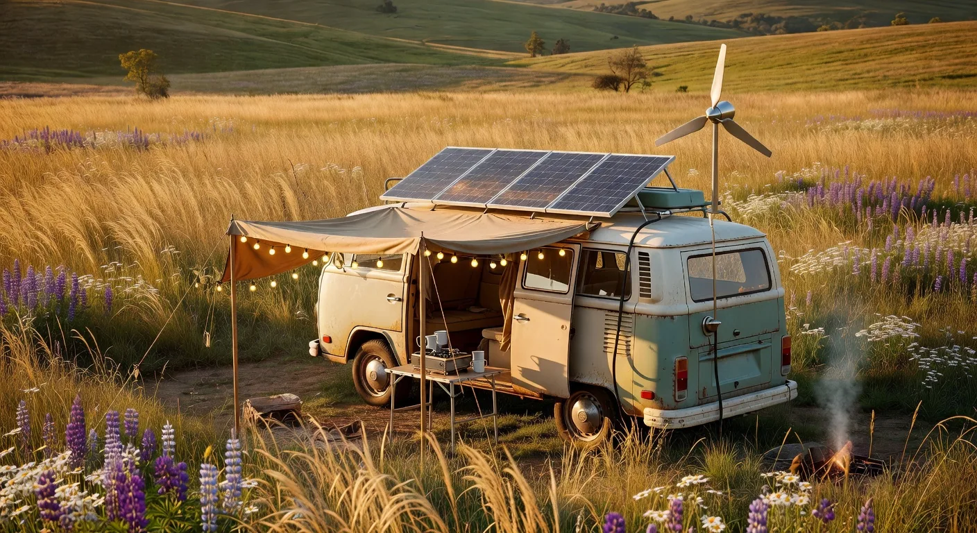 Vintage van resting in a green meadow in the Scottish Highlands